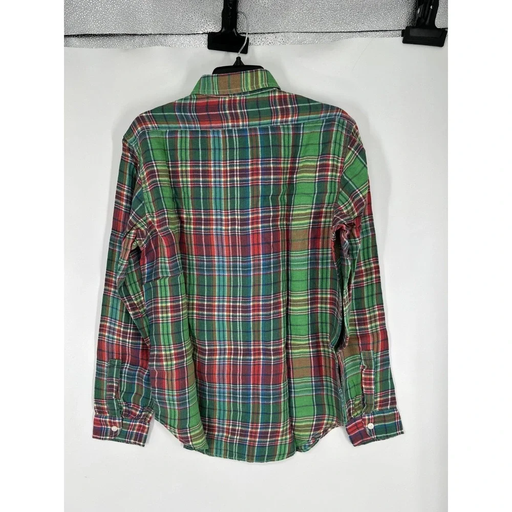 Polo Ralph Lauren Shirt Red‎ Green Tartan Plaid Button Up 100% Linen Two Pockets